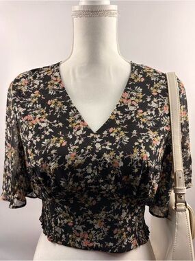 Black Floral V-Neck Blouse with Flutter Sleeves